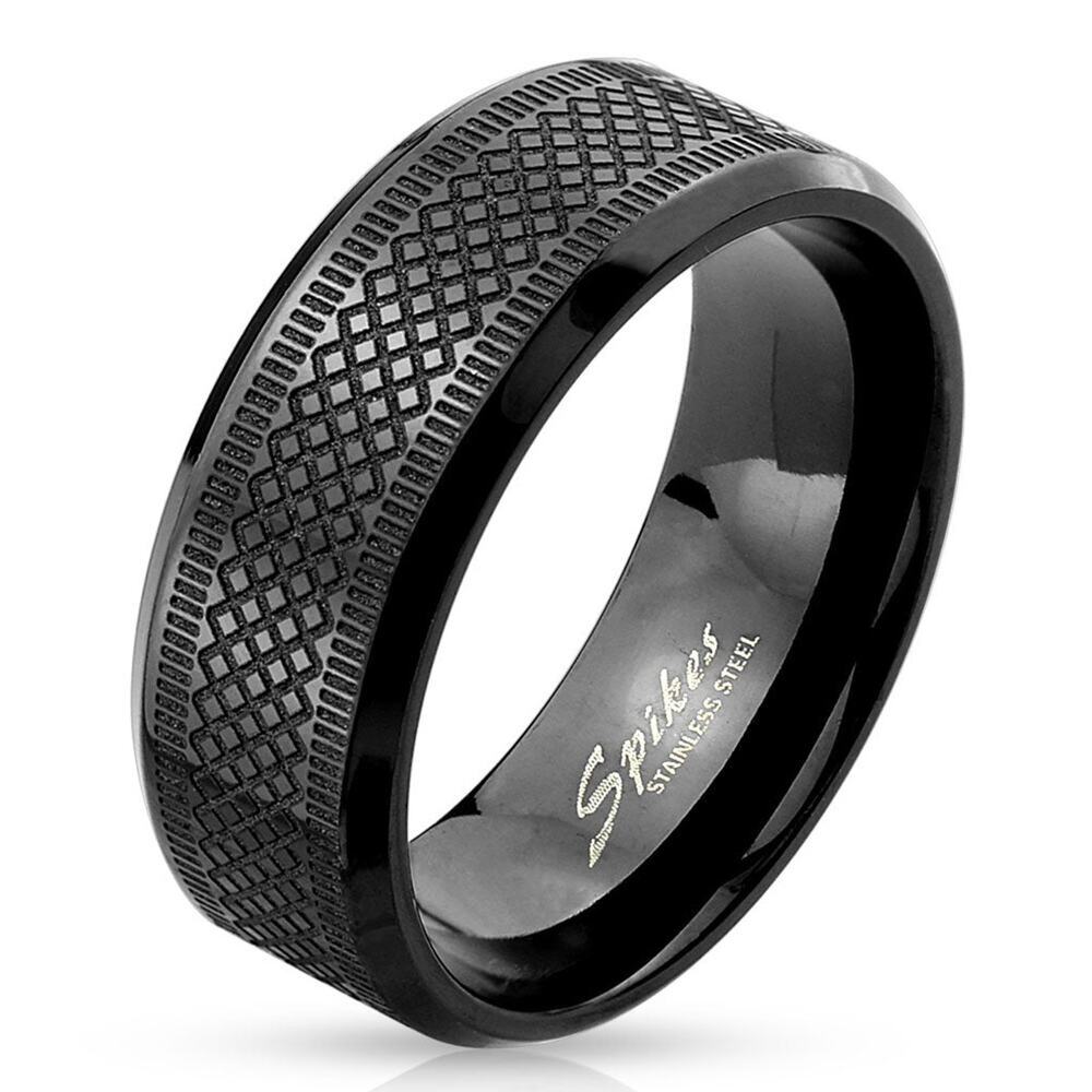 Diamond Grooved Black IP Stainless Steel Ring size 11